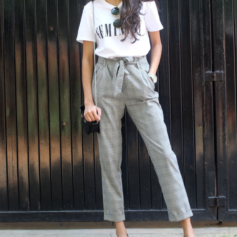 Zara grey gingham paper bag trousers size S